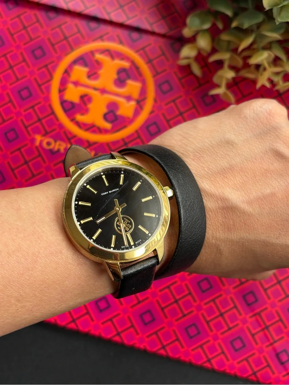 Tory Burch Black and Gold Double-Wrap Leather Watch